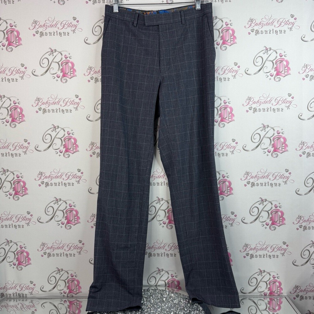 M&S collection slim Elegant plaid grey white Charcoal Checkered Dress Pants